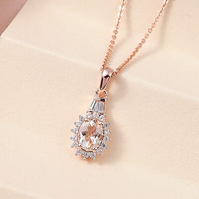 Premium Marropino Morganite and White Zircon Sunburst Pendant Necklace 20 Inches in Vermeil Rose Gold Over Sterling Silver 1.00 ctw