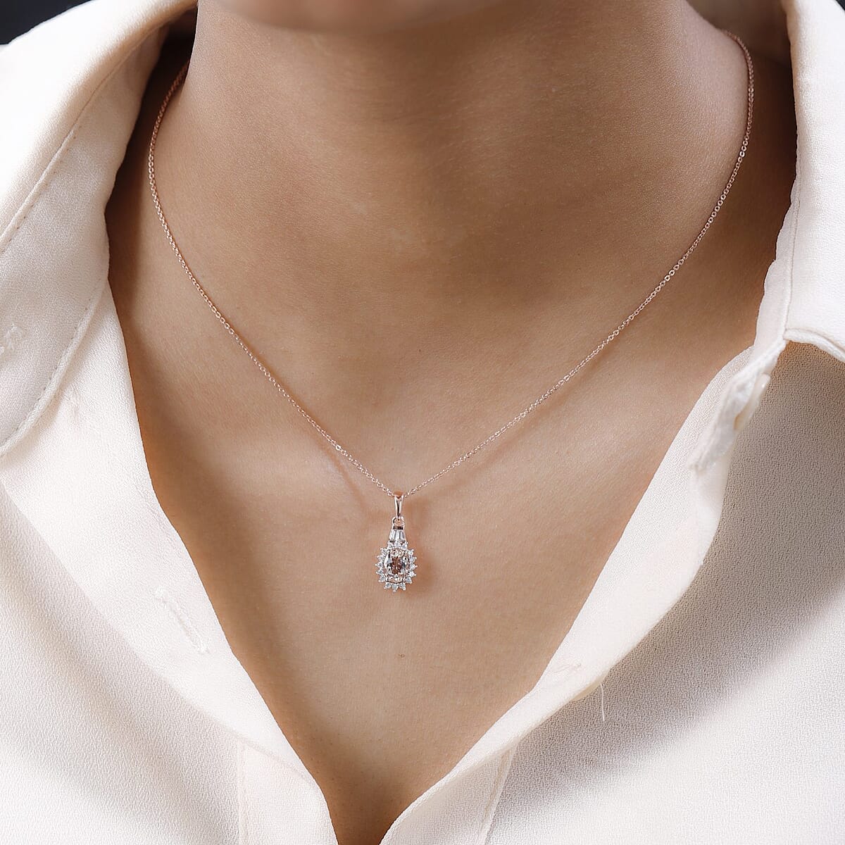 Premium Marropino Morganite and Natural White Zircon Sunburst Pendant Necklace 20 Inches in Vermeil Rose Gold Over Sterling Silver 1.00 ctw image number 2