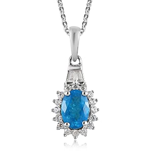 Malgache Neon Apatite and White Zircon Sunburst Pendant Necklace 20 Inches in Platinum Over Sterling Silver 1.10 ctw