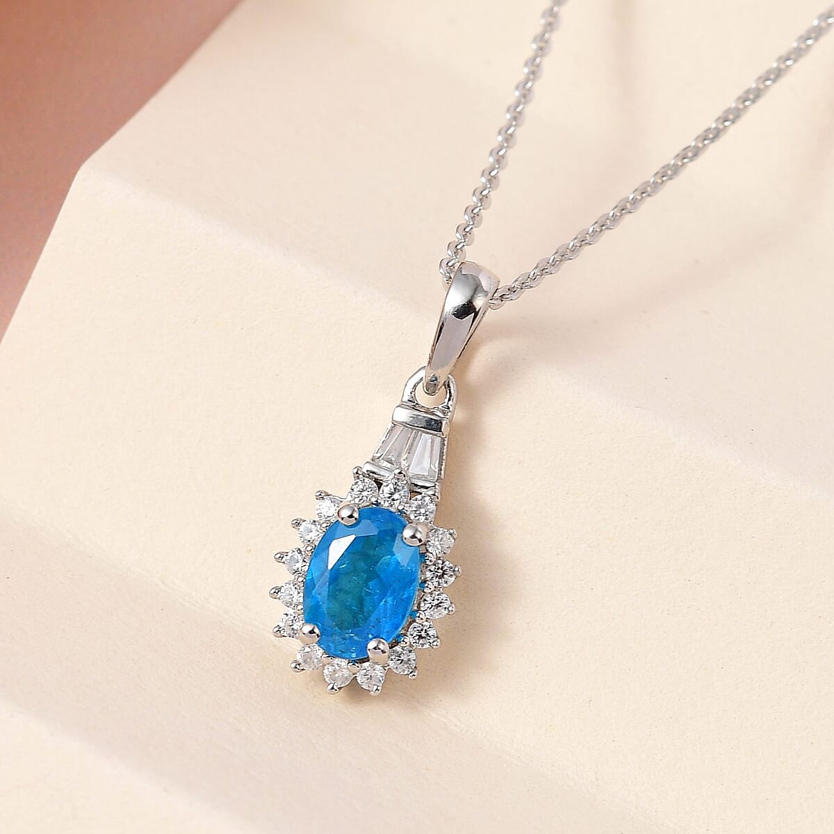 Malgache Neon Apatite and White Zircon Sunburst Pendant Necklace 20 Inches in Platinum Over Sterling Silver 1.10 ctw image number 1