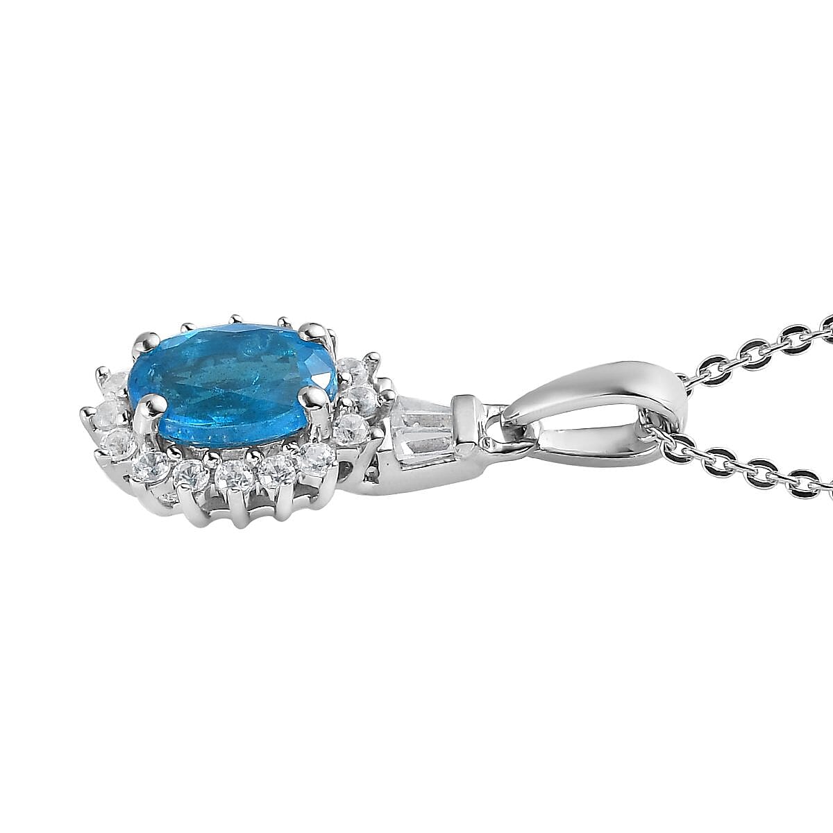 Malgache Neon Apatite and White Zircon Sunburst Pendant Necklace 20 Inches in Platinum Over Sterling Silver 1.10 ctw image number 3