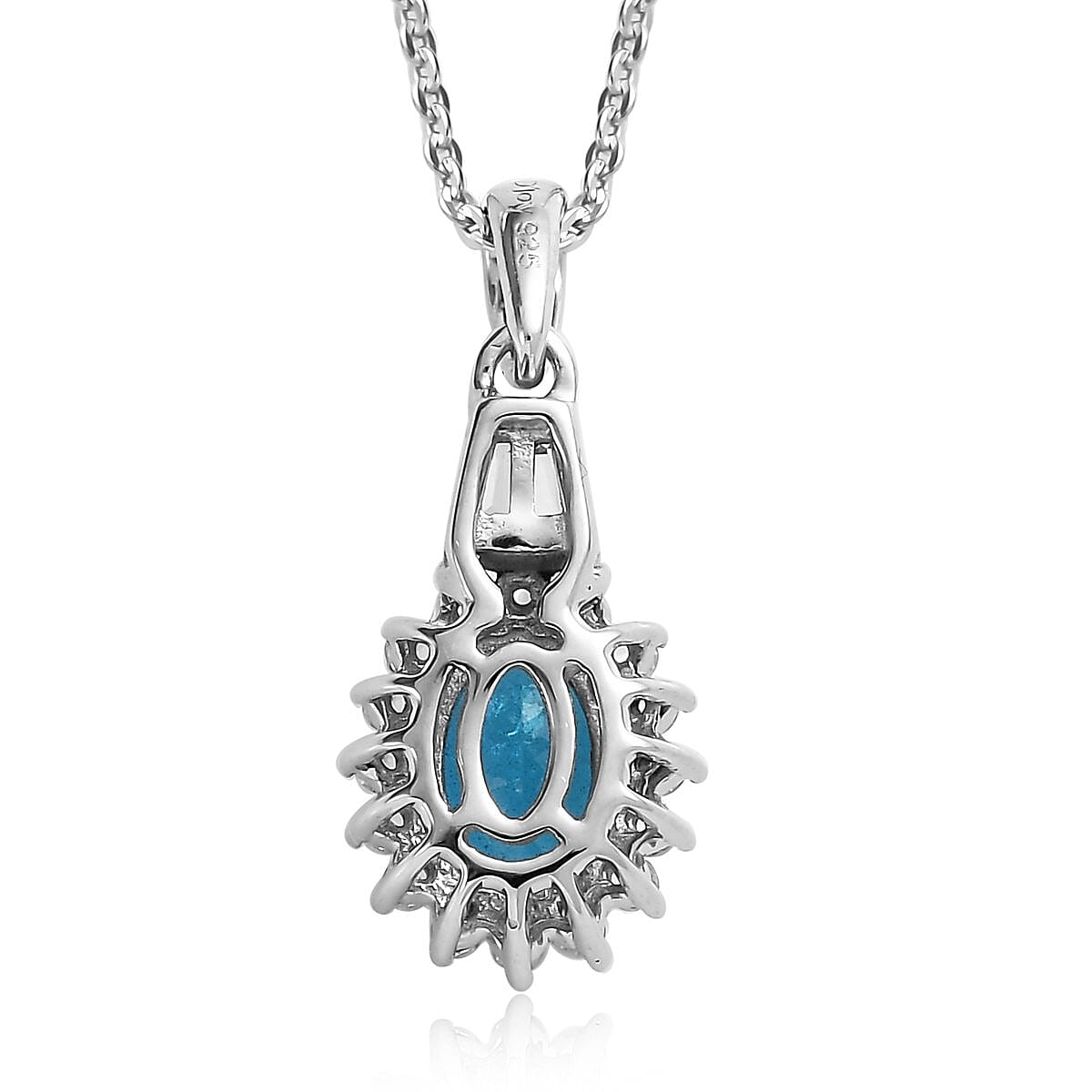 Malgache Neon Apatite and White Zircon Sunburst Pendant Necklace 20 Inches in Platinum Over Sterling Silver 1.10 ctw image number 4