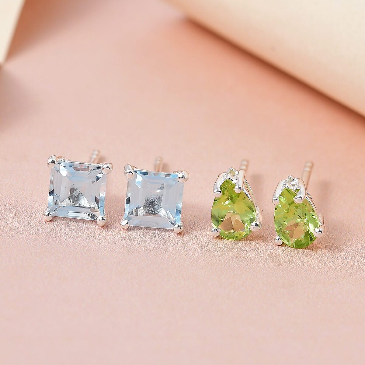 Sky Blue Topaz and Peridot 1.65 ctw Set of 2 Solitaire Stud Earrings in Sterling Silver  image number 1