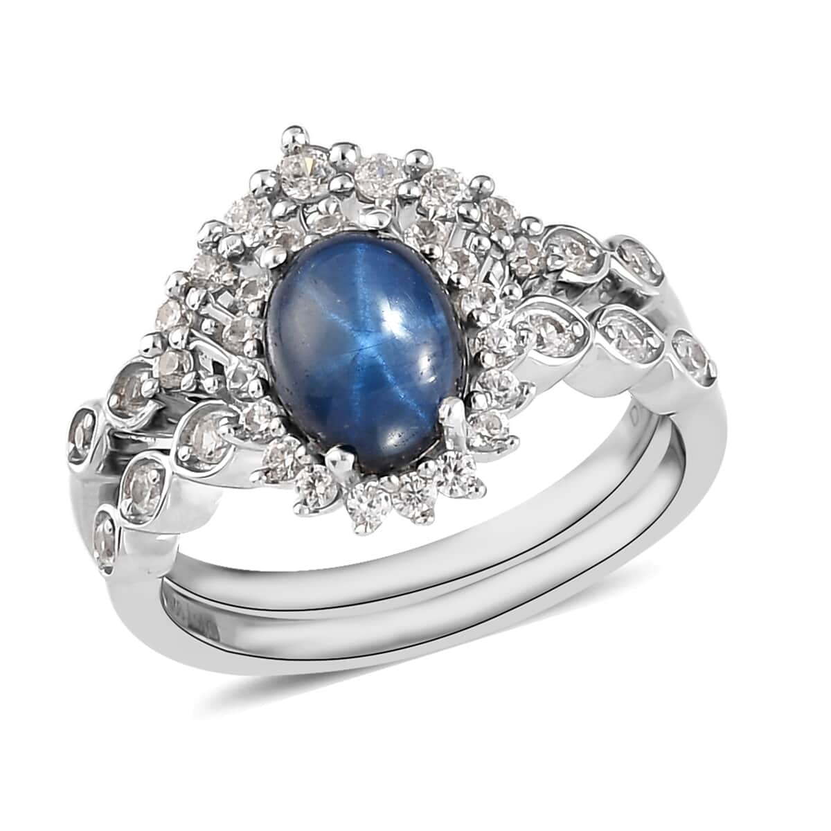 Thai Blue Star Sapphire, Natural White Zircon Set of 2 Ring in Platinum Over Sterling Silver (Delivery in 3-5 Business Days) 2.75 ctw image number 0
