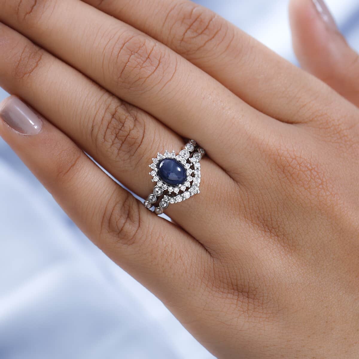 Thai Blue Star Sapphire, Natural White Zircon Set of 2 Ring in Platinum Over Sterling Silver (Delivery in 3-5 Business Days) 2.75 ctw image number 2