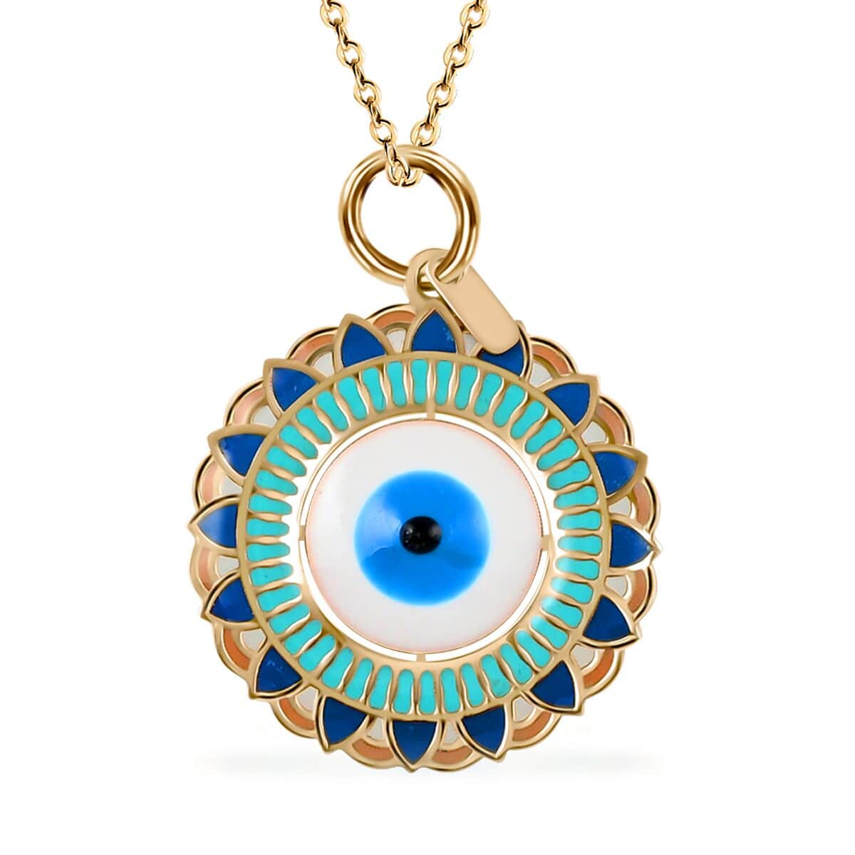 14K Yellow Gold Blue Enamel Evil Eye Protector Coin Pendant with Necklace 16-18 Inches 1.70 Grams image number 0