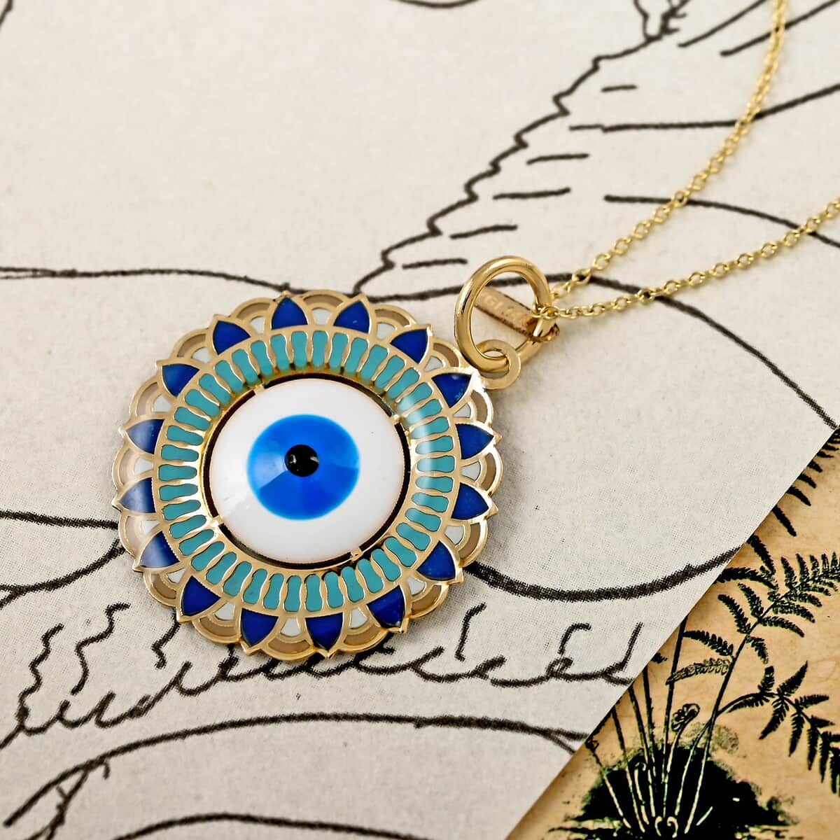 14K Yellow Gold Blue Enamel Evil Eye Protector Coin Pendant with Necklace 16-18 Inches 1.70 Grams image number 1