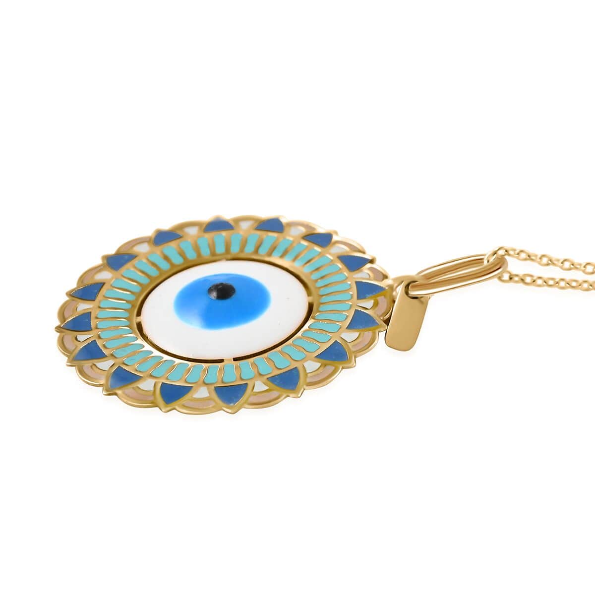14K Yellow Gold Blue Enamel Evil Eye Protector Coin Pendant with Necklace 16-18 Inches 1.70 Grams image number 3