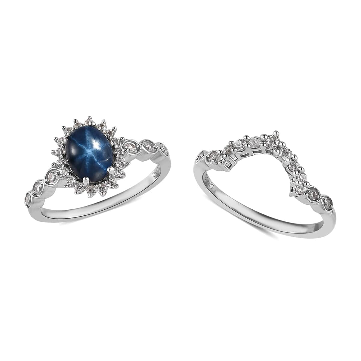 Blue Star Sapphire(DF) and White Zircon Set of 2 Stackable Ring in Platinum Over Sterling Silver (Size 8.0) 2.75 ctw image number 3