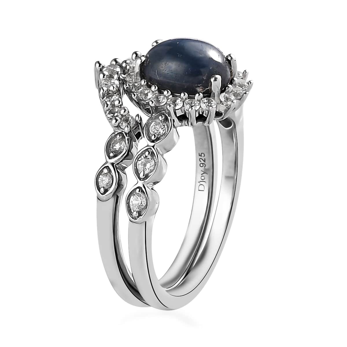 Blue Star Sapphire(DF) and White Zircon Set of 2 Stackable Ring in Platinum Over Sterling Silver (Size 8.0) 2.75 ctw image number 4