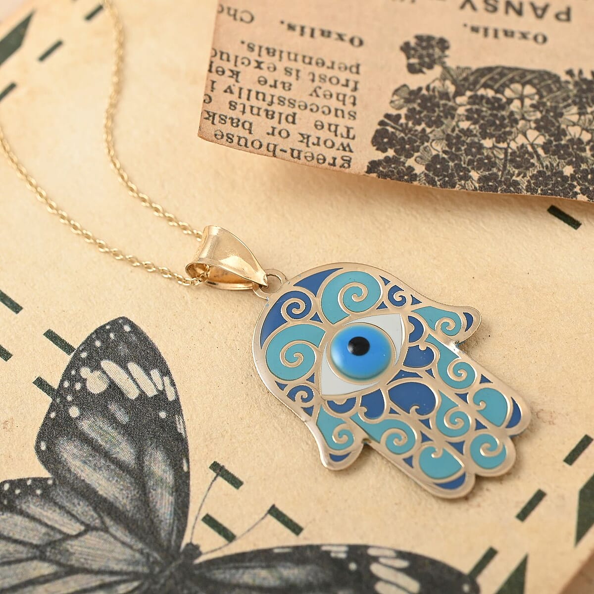 14K Yellow Gold Blue Whimsical Hamsa Evil Eye Protector Pendant with Necklace 16-18 Inches 1.60 Grams image number 1