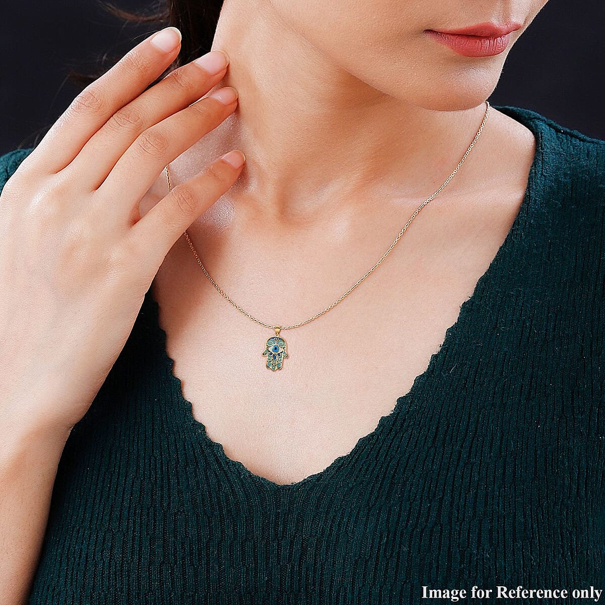 14K Yellow Gold Blue Whimsical Hamsa Evil Eye Protector Pendant with Necklace 16-18 Inches 1.60 Grams image number 2