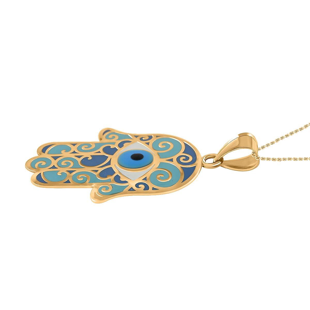 14K Yellow Gold Blue Whimsical Hamsa Evil Eye Protector Pendant with Necklace 16-18 Inches 1.60 Grams image number 3