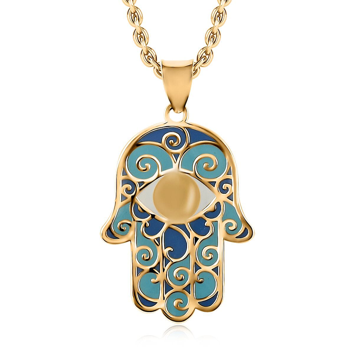 14K Yellow Gold Blue Whimsical Hamsa Evil Eye Protector Pendant with Necklace 16-18 Inches 1.60 Grams image number 5