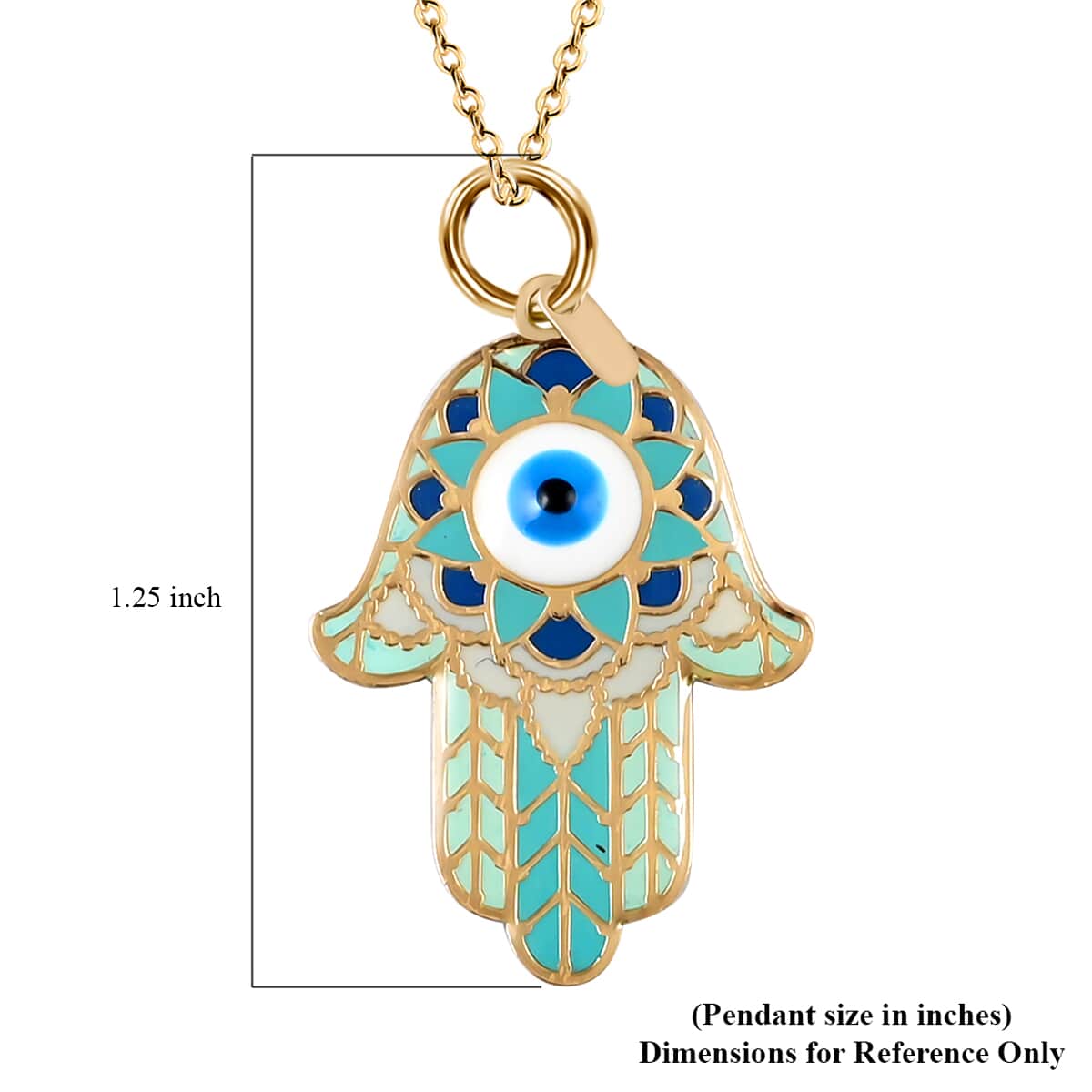 14K Yellow Gold Bohemian Enamel Hamsa Evil Eye Protector Pendant with Necklace 16-18 Inches 1.80 Grams image number 5