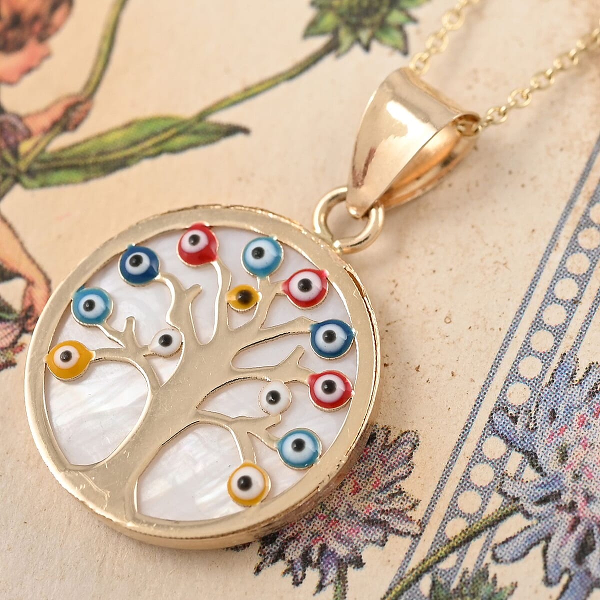 14K Yellow Gold Light Blue Enamel Whimsical Hamsa Evil Eye Protector Pendant with Necklace 16-18 Inches 1.60 Grams image number 1