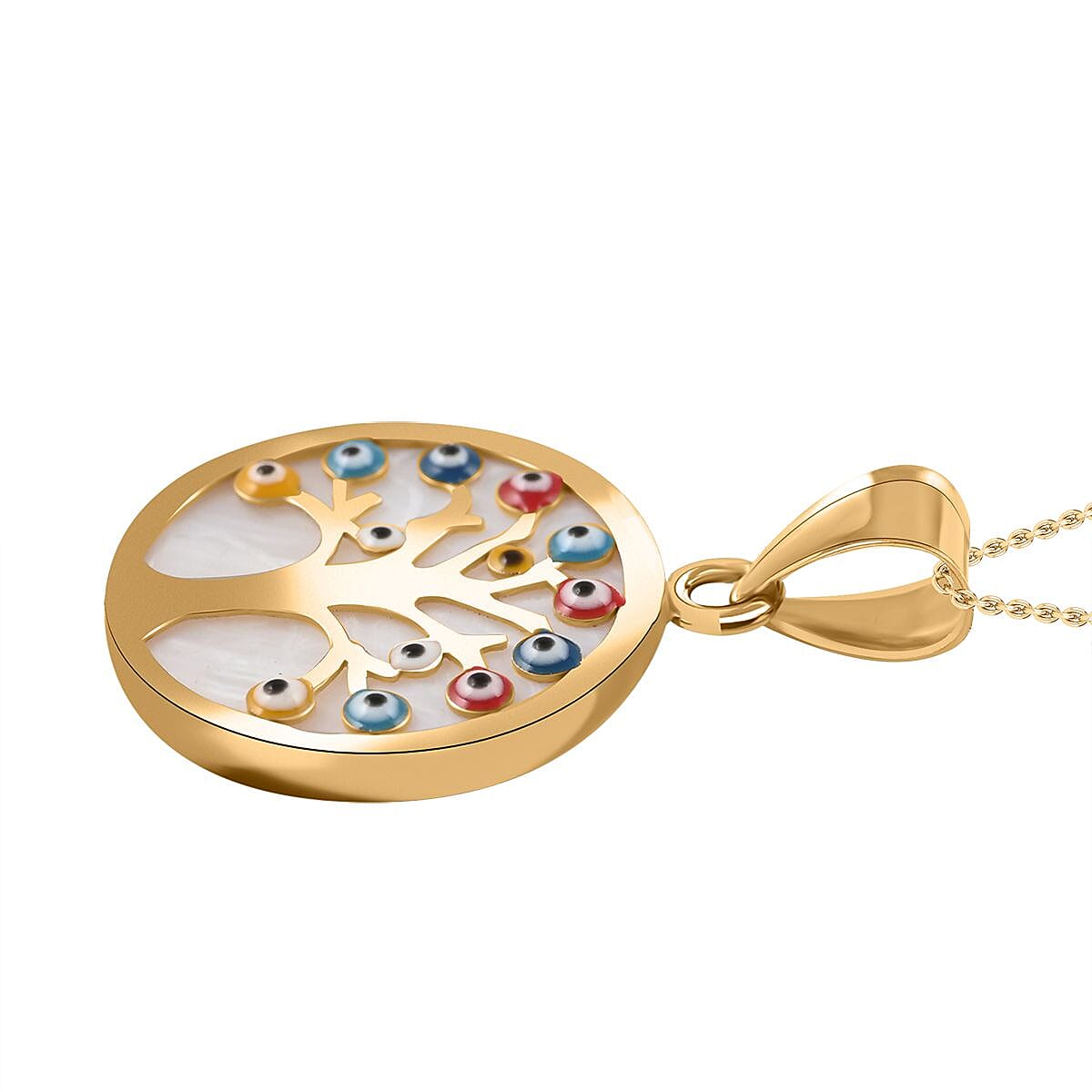 14K Yellow Gold Light Blue Enamel Whimsical Hamsa Evil Eye Protector Pendant with Necklace 16-18 Inches 1.60 Grams image number 3