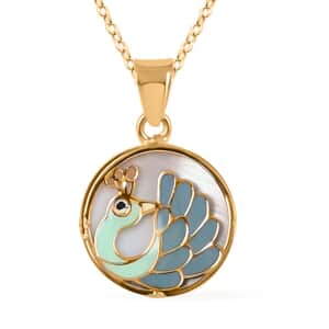 14K Yellow Gold Enamel Peacock Coin Pendant with Necklace 16-18 Inches 1.90 Grams