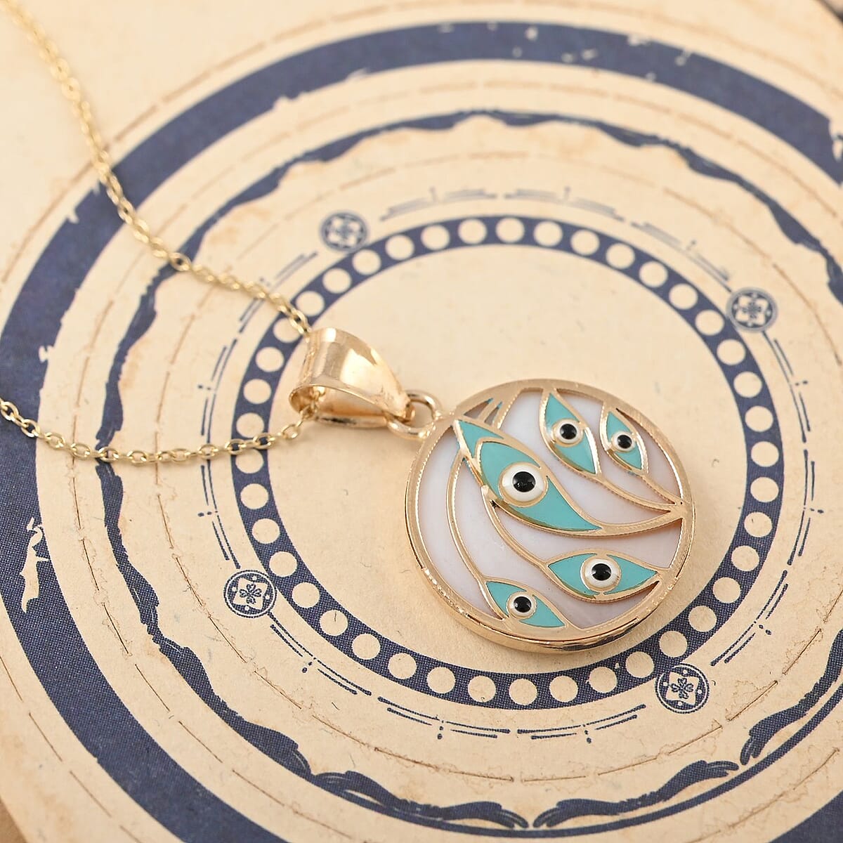 14K Yellow Gold Enamel Multi Evil Eye Protector Leaves Coin Pendant with Necklace 16-18 Inches 2.10 Grams image number 1