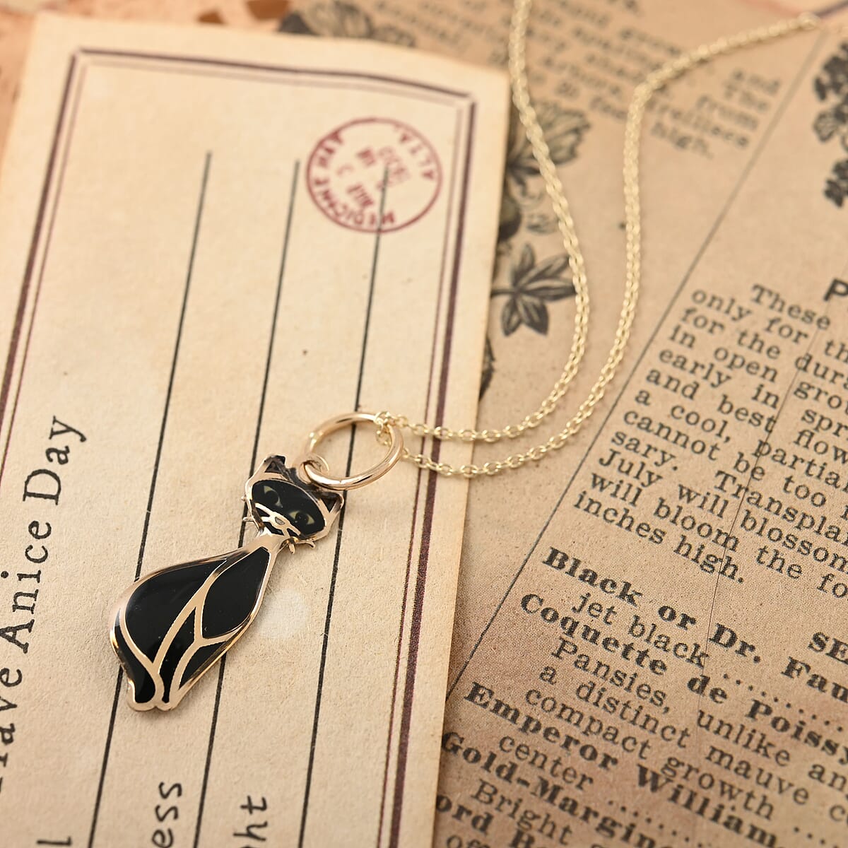 14K Yellow Gold Enamel Black Cat Pendant with Necklace 16-18 Inches 1.10 Grams image number 1