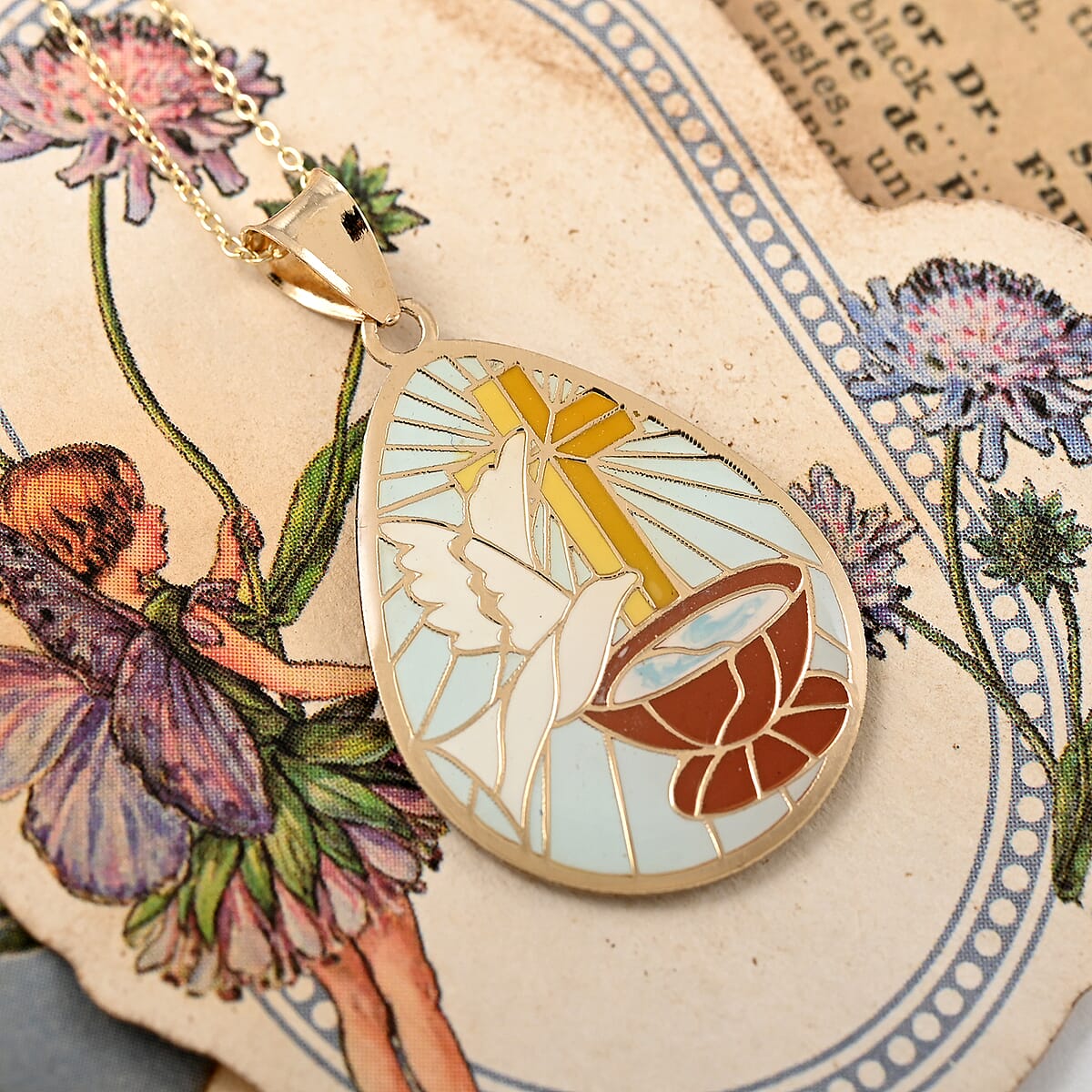 14K Yellow Gold The Baptism Enamel Cross, Dove, and Water Tear Drop Coin Pendant with Necklace 16-18 Inches 1.5 Grams image number 1