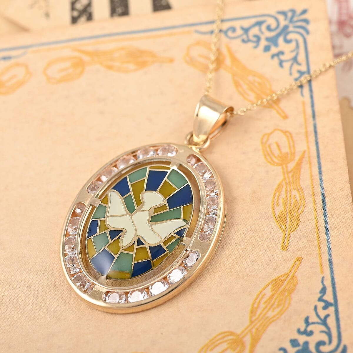 14K Yellow Gold Mosaic Enamel Dove with Crystals Coin Pendant with Necklace 16-18 Inches 2.30 Grams image number 1