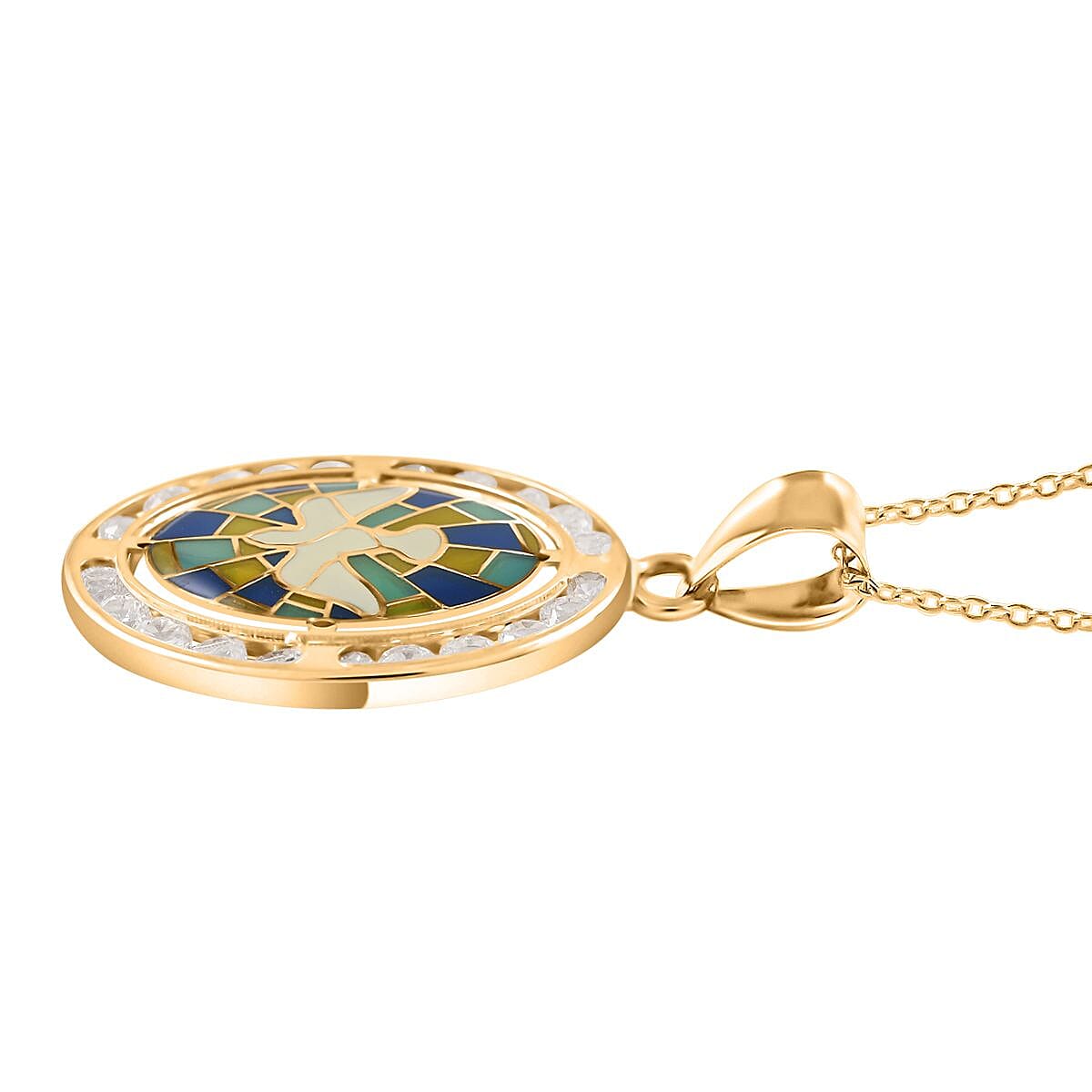 14K Yellow Gold Mosaic Enamel Dove with Crystals Coin Pendant with Necklace 16-18 Inches 2.30 Grams image number 3