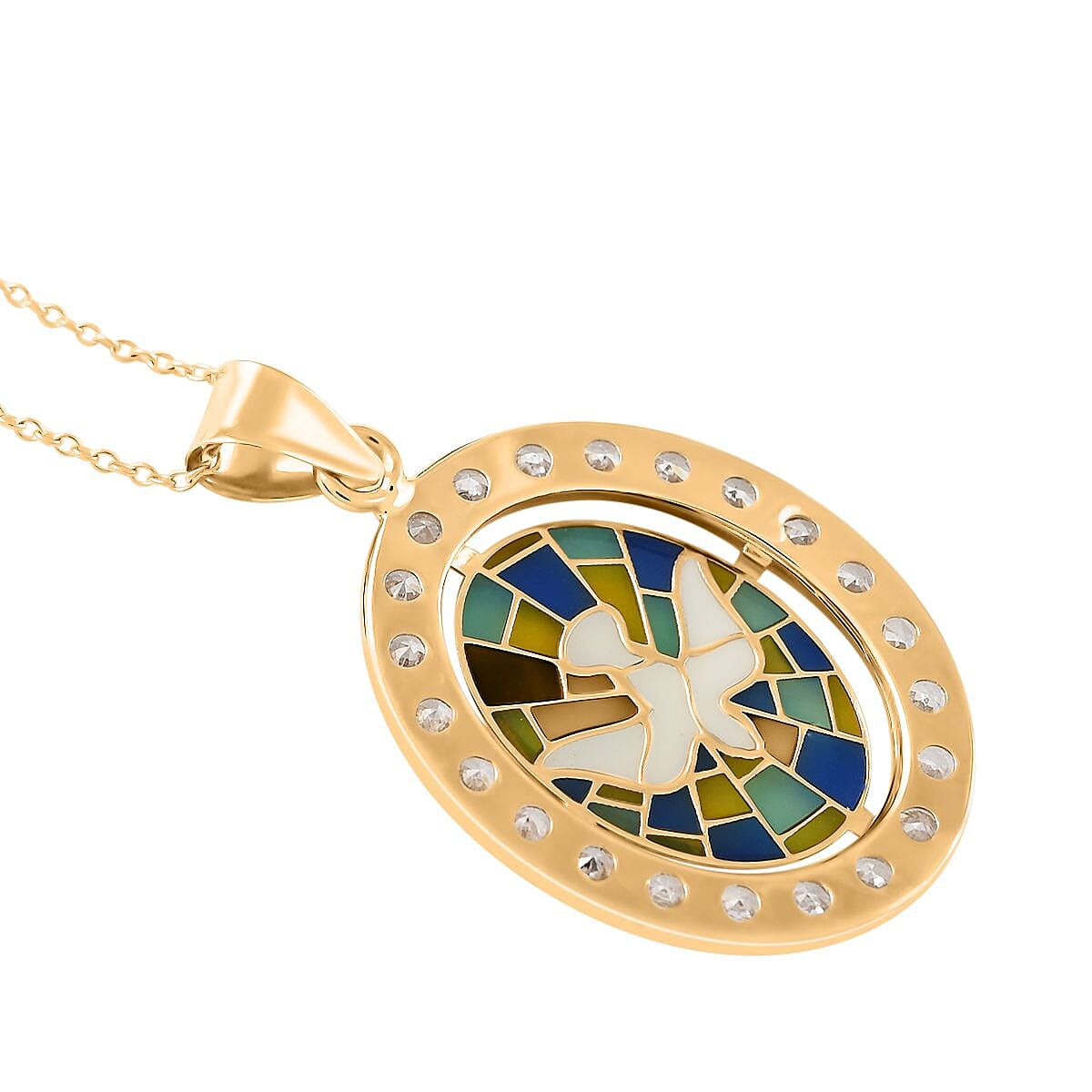 14K Yellow Gold Mosaic Enamel Dove with Crystals Coin Pendant with Necklace 16-18 Inches 2.30 Grams image number 4