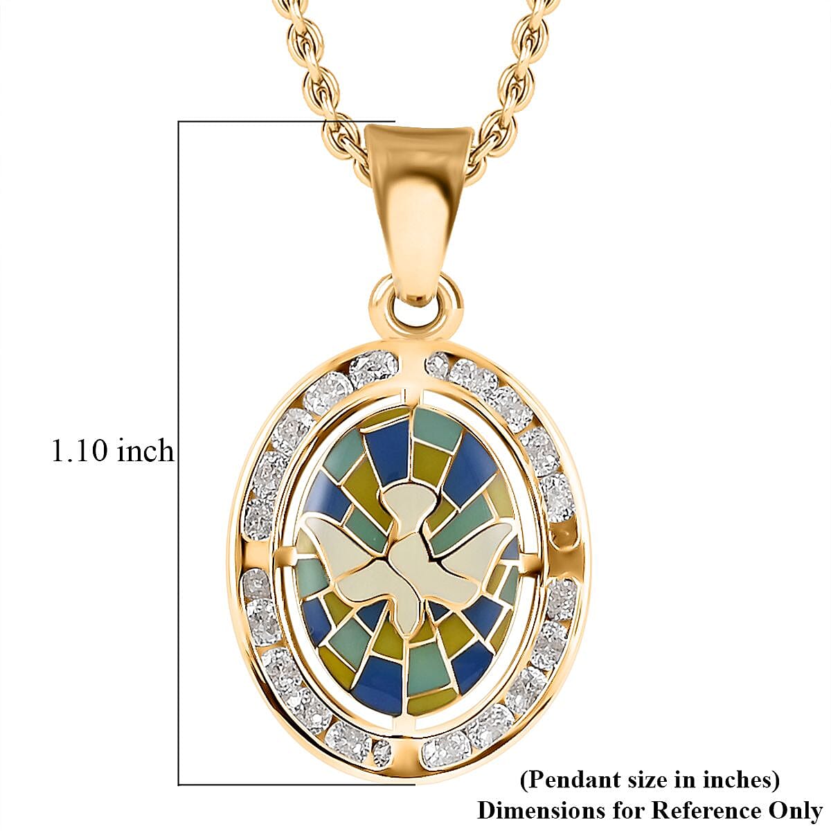 14K Yellow Gold Mosaic Enamel Dove with Crystals Coin Pendant with Necklace 16-18 Inches 2.30 Grams image number 6
