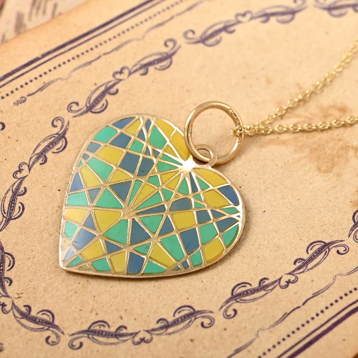 14K Yellow Gold Multi Enamel Geometric Heart Pendant with Necklace 16-18 Inches 1.40 Grams image number 1