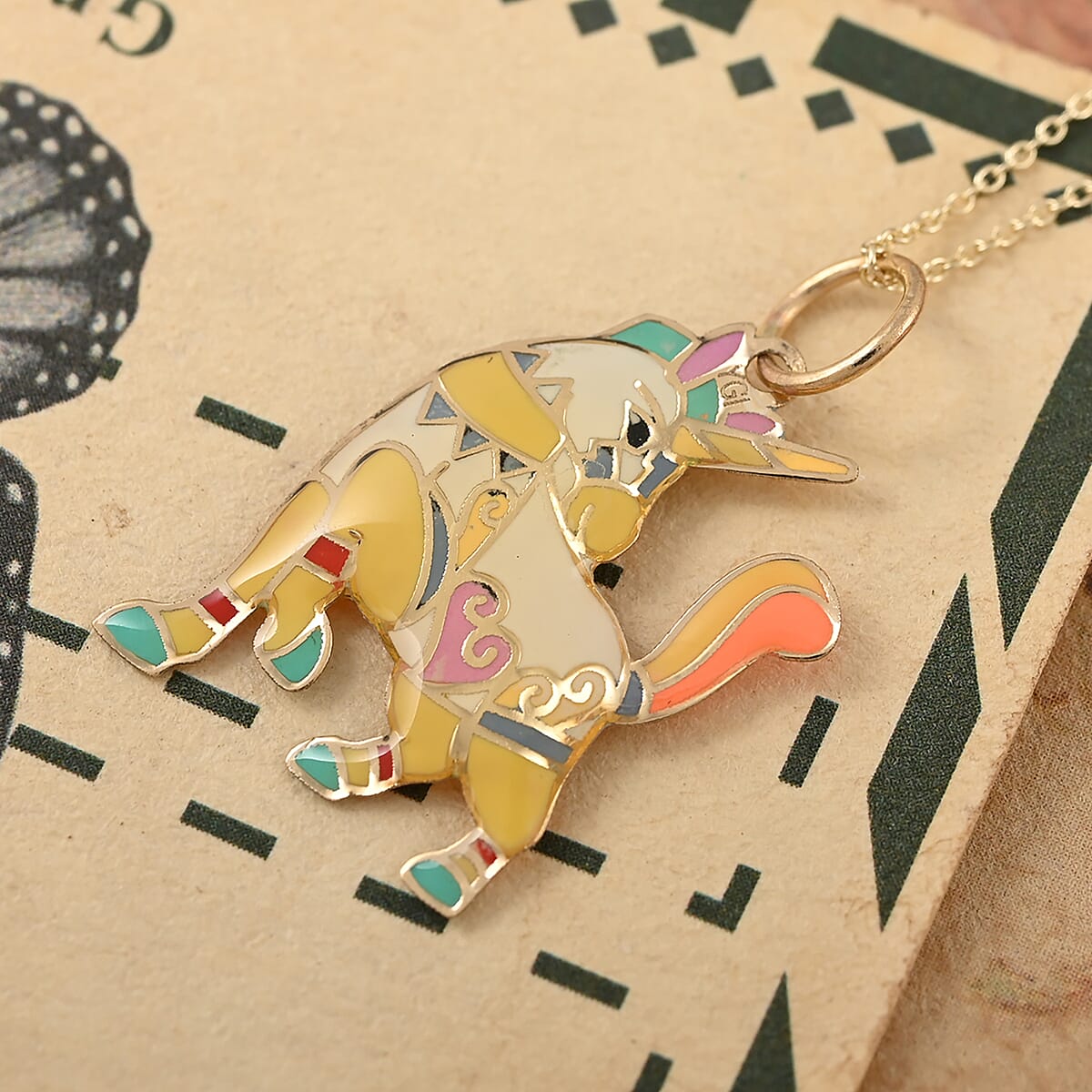 14K Yellow Gold Multi Enamel Unicorn Pendant with Necklace 16-18 Inches 1.30 Grams image number 1