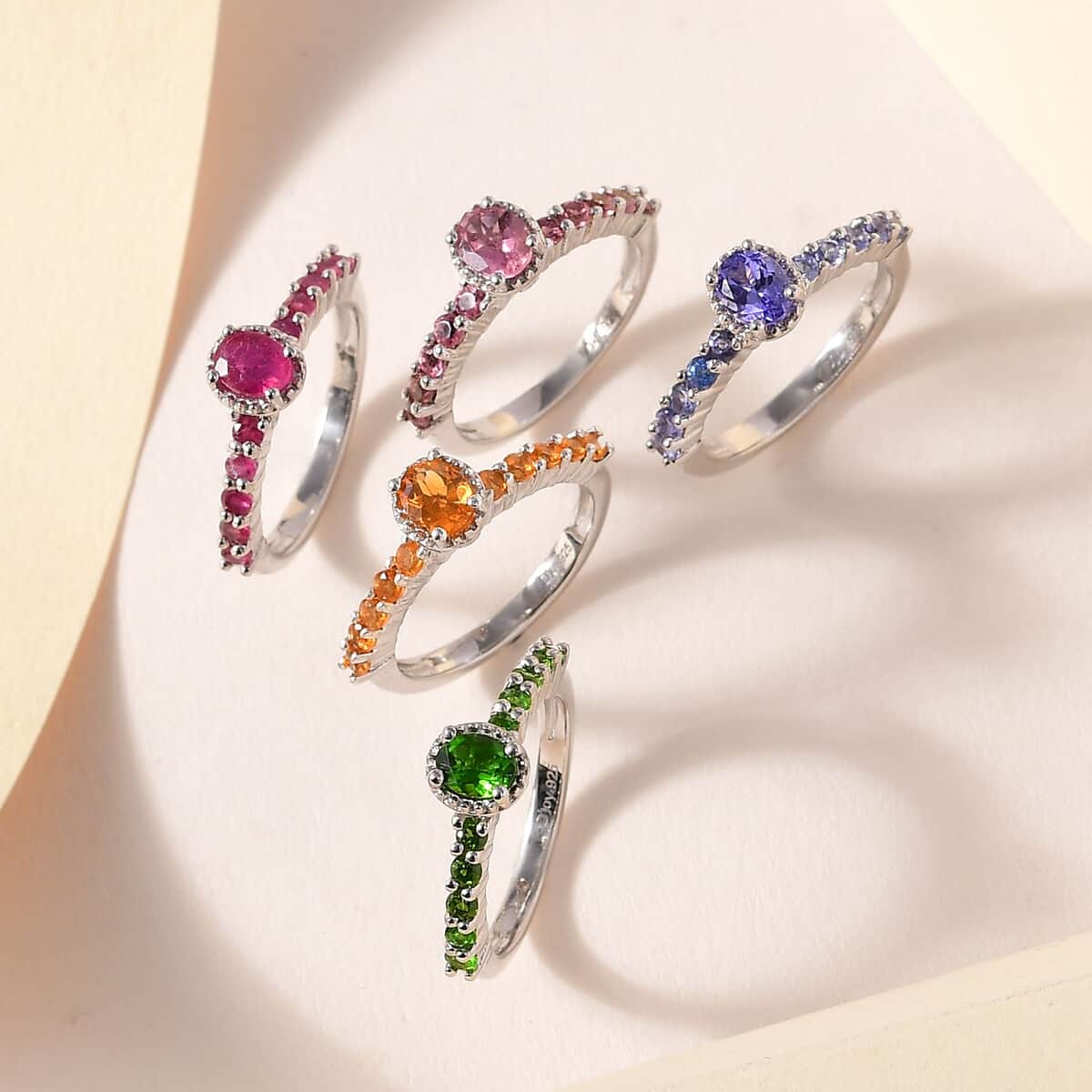 Set of 5 Multi Gemstone Stackable Ring in Platinum Over Sterling Silver (Size 5.0) 3.85 ctw image number 1