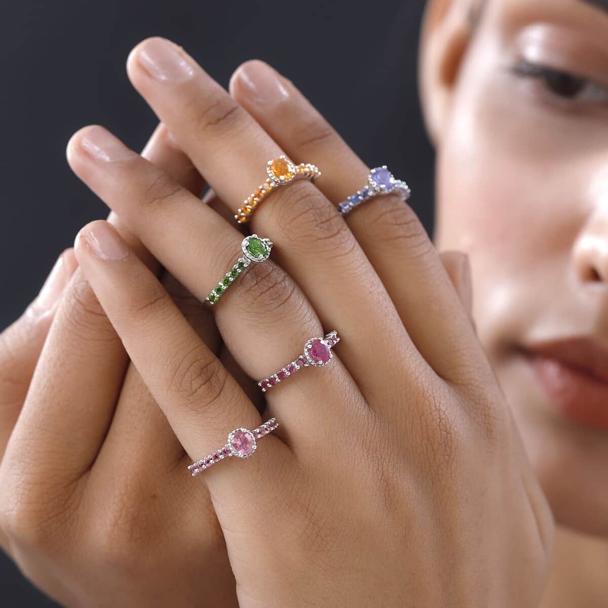 Set of 5 Multi Gemstone Stackable Ring in Platinum Over Sterling Silver (Size 5.0) 3.85 ctw image number 2