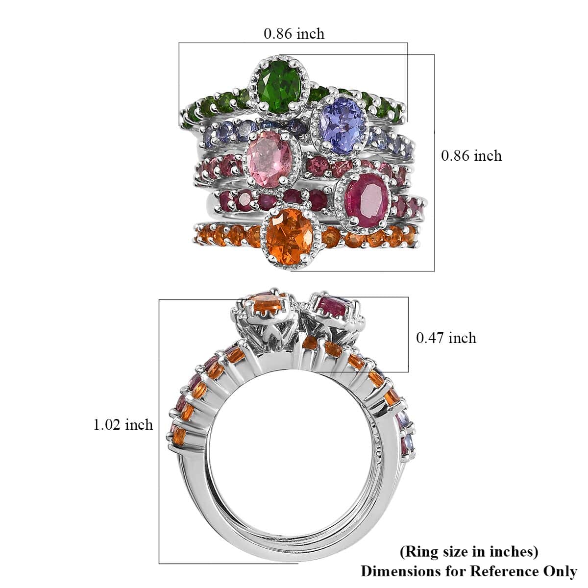 Set of 5 Multi Gemstone Stackable Ring in Platinum Over Sterling Silver (Size 5.0) 3.85 ctw image number 6