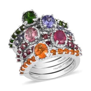 Set of 5 Multi Gemstone Stackable Ring in Platinum Over Sterling Silver (Size 6.0) 4.10 ctw