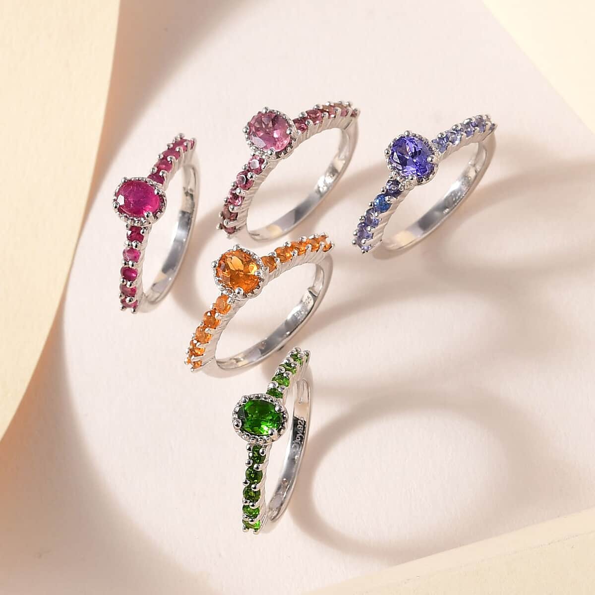 Set of 5 Multi Gemstone Stackable Ring in Platinum Over Sterling Silver (Size 7.0) 4.10 ctw image number 1