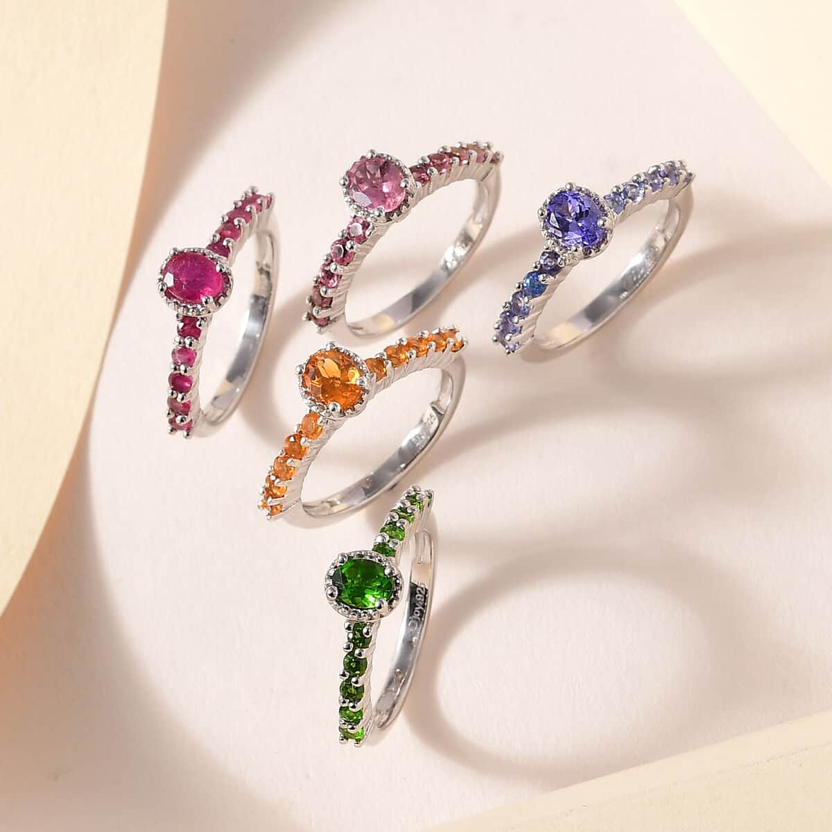 Set of 5 Multi Gemstone Stackable Ring in Platinum Over Sterling Silver (Size 9.0) 4.10 ctw image number 1