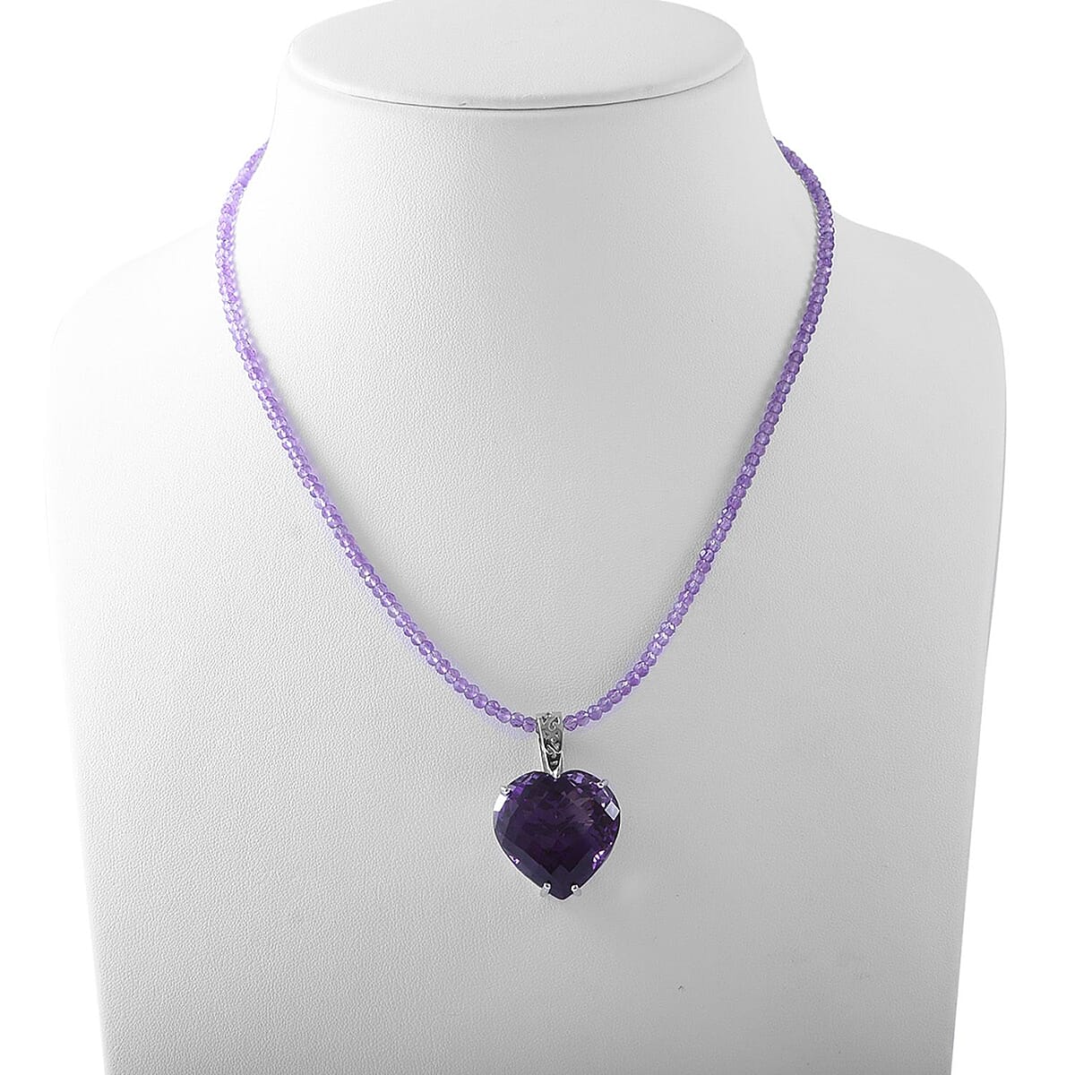 Lusaka Amethyst Heart Pendant with Amethyst Beaded Necklace 18 Inches in Platinum Over Sterling Silver 125.00 ctw image number 1