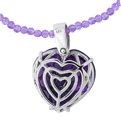 Lusaka Amethyst Heart Pendant with Amethyst Beaded Necklace 18 Inches in Platinum Over Sterling Silver 125.00 ctw