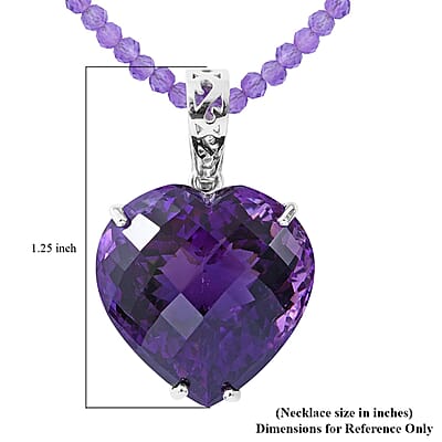 Lusaka Amethyst Heart Pendant with Amethyst Beaded Necklace 18 Inches in Platinum Over Sterling Silver 125.00 ctw