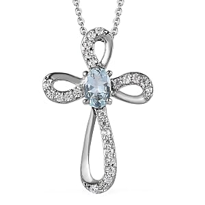 Premium Mangoro Aquamarine and White Zircon Cross Pendant Necklace 20 Inches in Platinum Over Sterling Silver 0.65 ctw