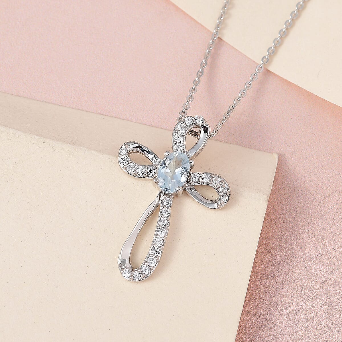 Premium Mangoro Aquamarine and White Zircon Cross Pendant Necklace 20 Inches in Platinum Over Sterling Silver 0.65 ctw image number 1