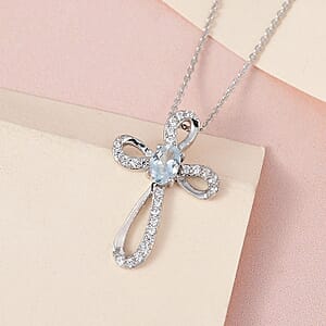 Premium Mangoro Aquamarine and White Zircon Cross Pendant Necklace 20 Inches in Platinum Over Sterling Silver 0.65 ctw