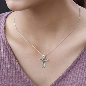 Premium Mangoro Aquamarine and White Zircon Cross Pendant Necklace 20 Inches in Platinum Over Sterling Silver 0.65 ctw