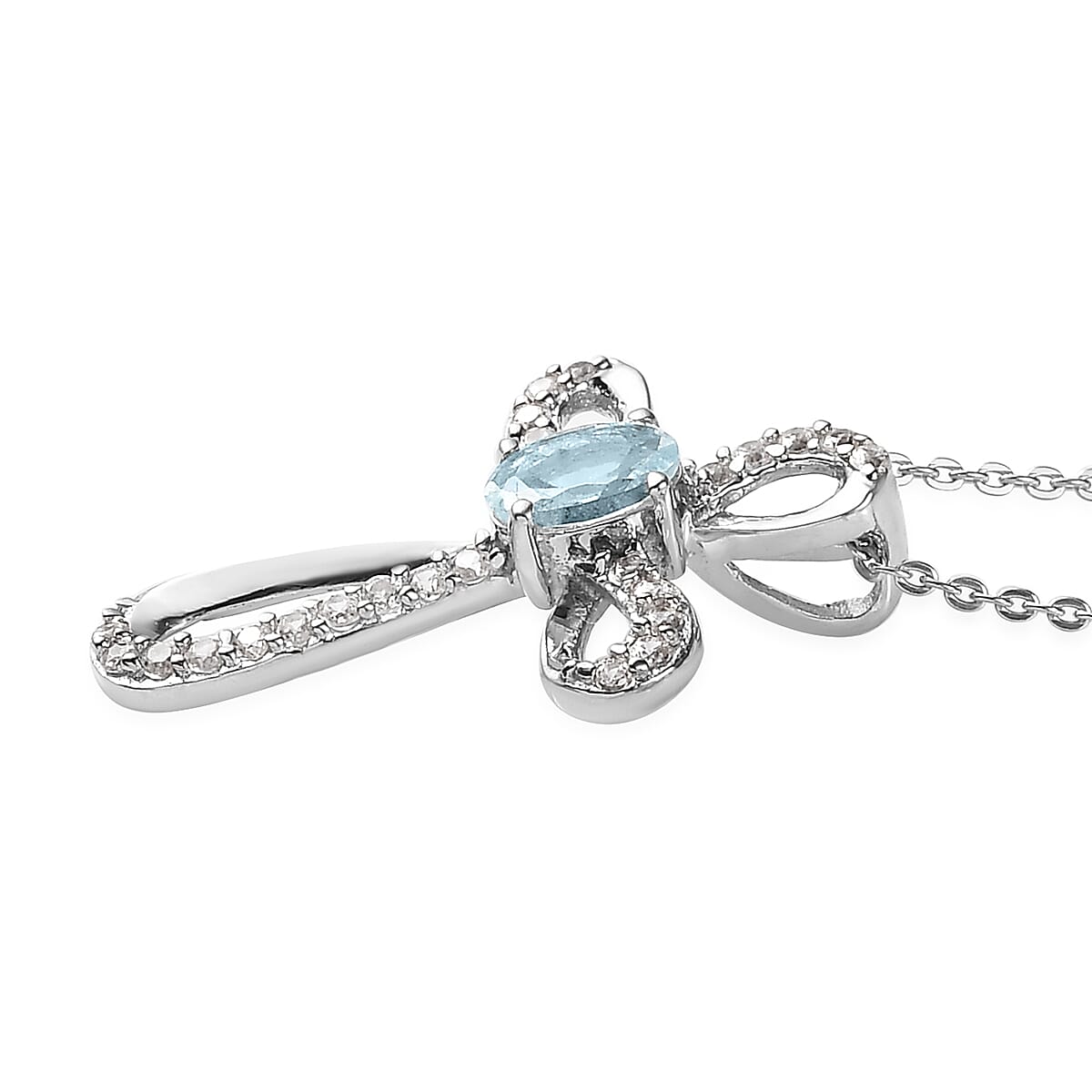Premium Mangoro Aquamarine and White Zircon Cross Pendant Necklace 20 Inches in Platinum Over Sterling Silver 0.65 ctw image number 3