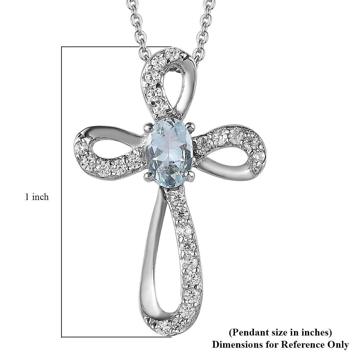 Premium Mangoro Aquamarine and White Zircon Cross Pendant Necklace 20 Inches in Platinum Over Sterling Silver 0.65 ctw