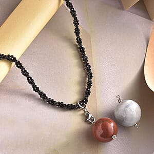 Red Jasper, Agate Pendant with Thai Black Spinel Beaded Necklace (18 Inches) in Stainless Steel 141.20 ctw , Tarnish-Free, Waterproof, Sweat Proof Jewelry