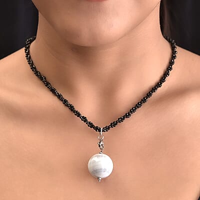 Red Jasper, Agate Pendant with Thai Black Spinel Beaded Necklace (18 Inches) in Stainless Steel 141.20 ctw , Tarnish-Free, Waterproof, Sweat Proof Jewelry
