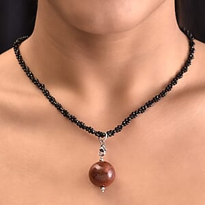Red Jasper, Agate Pendant with Thai Black Spinel Beaded Necklace (18 Inches) in Stainless Steel 141.20 ctw , Tarnish-Free, Waterproof, Sweat Proof Jewelry