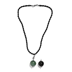 Green Aventurine, Black Agate Pendant with Thai Black Spinel Beaded Necklace (18 Inches) in Stainless Steel 150.15 ctw , Tarnish-Free, Waterproof, Sweat Proof Jewelry